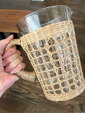 Boho Rattan Wrapped Glass Pitcher | Woven Wicker Sleeve | Coastal Farmhouse Drin